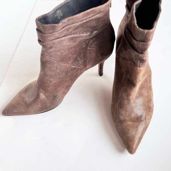Isola Pisces Ruched Bootie Heels Shimmery Brown Lizard Pattern 9.5 - Picture 1 of 13